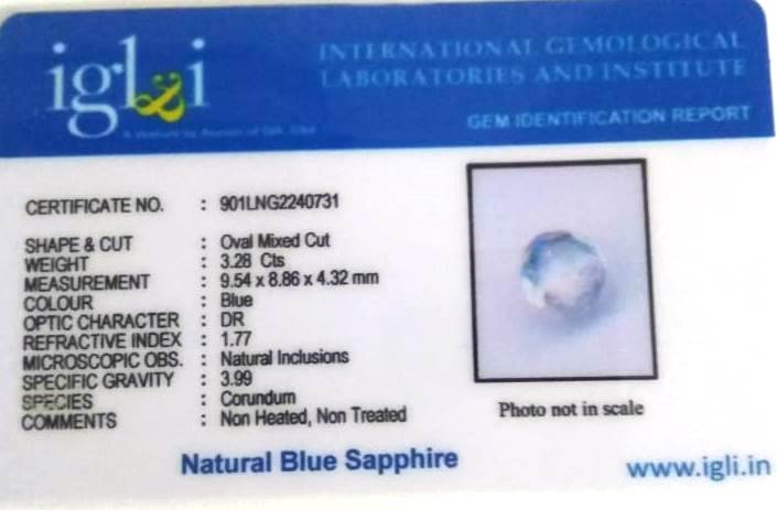 Click to view certificate 3.7 Ratti Certified Blue Sapphire Gemstone Certificate (ID-110)