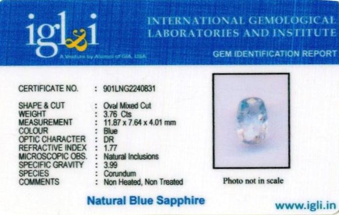 4.25 Ratti Certified Blue Sapphire Gemstone Certificate (ID-111)