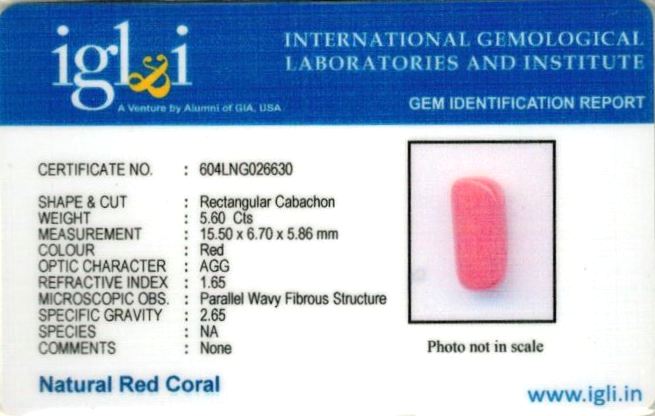 Click to view certificate 6.22-ratti-certified-red-coral-gemstone Certificate (ID-131)