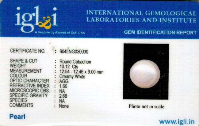 Click to view certificate 11.11-ratti-certified-white-pearl-gemstone Certificate (ID-107)
